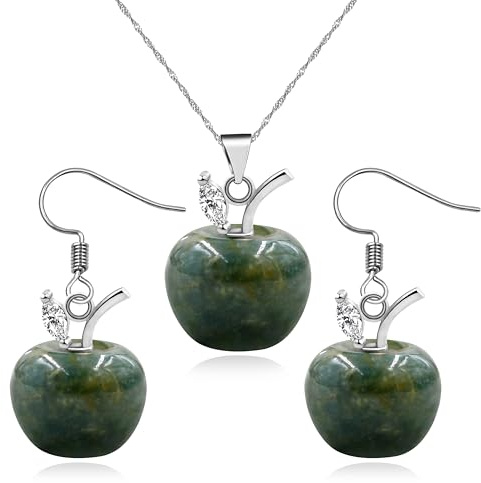 JunyiDIY Apfelkristall Anhänger Halskette und Ohrring Set für Frauen | Natürlicher Stein Apfelförmiger Schmuck Set mit Zirkonia Blatt | Elegante Messing Halskette Ohrringe Schmuck für Thanksgiving