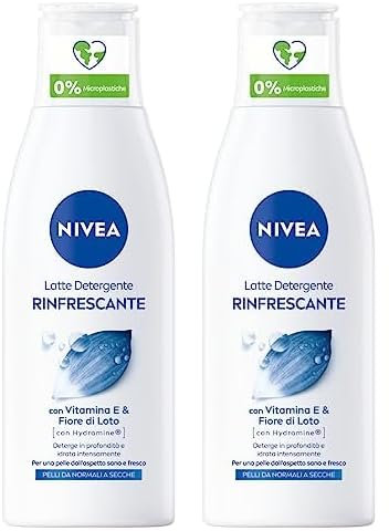 NIVEA Latte Detergente Idratante da 200 ml, Latte Detergente Viso Ideale Anche per Trucco Waterproof, Latte Detergente Arricchito con Acqua Purificata e Fiori di Loto (Confezione da 2)