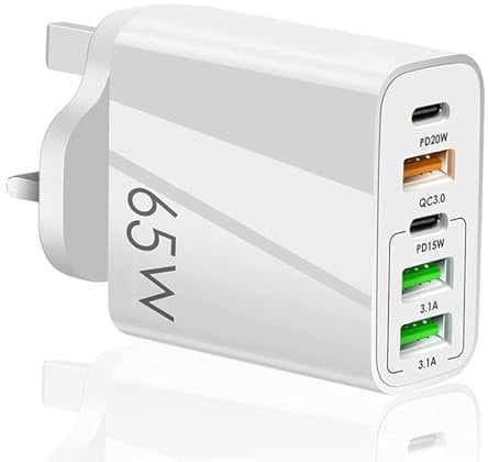USB C Plug, 65W 5-Port Fast Charger Plug UK and 2-Port PD Power Adapter + QC Wall Charger C Charging Plug for iPhone 15 14 13 12 11 Pro Max XS XR SE,Samsung, iPad, AirPods (White)