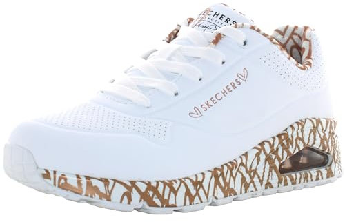 Skechers Femme Uno Loving Love Basket, White Durabuck/Rose Gold Print Trim, 38.5 EU