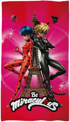 Miraculous Ladybug Kinder Badetuch - Paris Eiffelturm – 60 x 120 cm, 100% Baumwolle in Velours-Qualität – mit Ladybug und Cat Noir – Ideal als Strandtuch, Handtuch, Duschtuch oder Badelaken