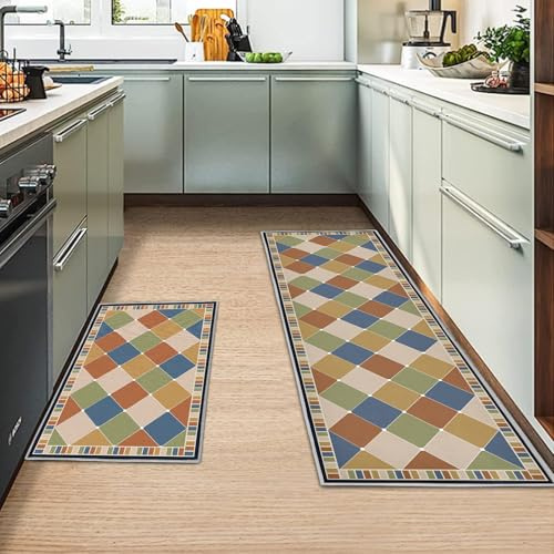 MIQEBX Kitchen Rug 2 Piece Set,Non-Slip Absorbent and Washable Runner Rug,Geometric Kitchen Floor Mat for Kitchen, Home, Office, Sink, Laundry (A, 43x150cm+43x75cm)