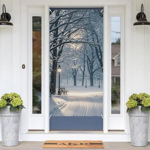 Türabdeckungen, Motiv: Winter, Schnee fällt im Park, dekorativ, 180 x 89 cm, Türbanner Veranda-Schild, Fotografie-Hintergrund, saisonale Dekorationen für Haustür, Garten, Hof, Terrasse, Sommer