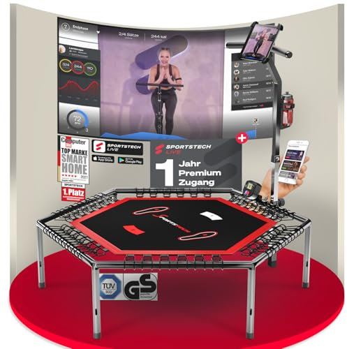 Sportstech HTX100 Trampolin, klappbar | Deutsche Qualitätsmarke | Fitness Trampolin mit Haltegriff | Indoor Jumping für Kinder und Erwachsene | TÜV/GS, Sprungzähler, APP (HTX100 Bundle)