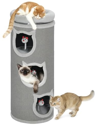 PawHut Kratztonne 96 cm Hoch Ø 38 cm dreistöckige Katzentonne mit Plüschrand, abnehmbarem und waschbarem Plüschbett, Katzenhöhle, Kratzbaum für Katzen unter 6 kg, Grau