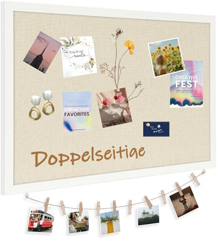 DOLLAR BOSS Leinen Pinnwand Kork 45x60CM Doppelseitige Korkplatte Korkwand | Zweiseitig Leinen & Kork, Pinwand mit Weißem Rahmen Pinnnadeln Fotoklammer, Vision Board Korktafel Für Zuhause