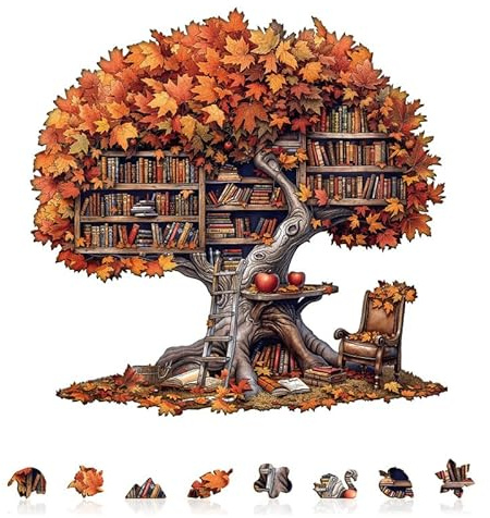 Jigfoxy Wooden Puzzles for Adults, 225-Piece Tree Library Jigsaw Puzzle | Unique Animal-Shaped Jigsaw Puzzle for Adults and Teens, Creative Gift with Premium Wooden Box,13.4 * 13.1in