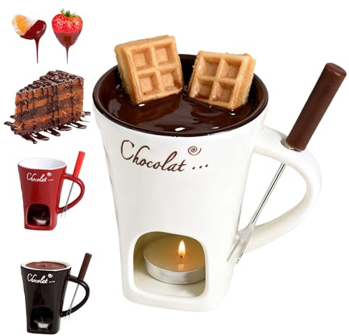 Yqooup Schokoladen Fondue Becher Set, 130ml Keramik Schokofondue Tasse Mit Gabel, Persönlich Chocolate Fondue Set, Schmelztopf Wärmebecher Für Käse Butter Süßigkeiten Karamell