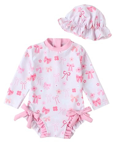 JiAmy Baby Badeanzug Mädchen mit Sonnenhut Langarm UV Schutz Badebekleidung Für Baby-Mädchen Bademode Schwimmanzug Hellrosa 3-6 Monate