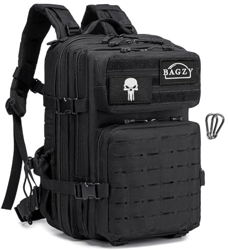 BAGZY Sac à dos Tactique Militaire 25L Sac Crossfit Etanche Sacs à Dos de Randonné Pour Urgences De 3 Jours Chasse Camping Oxford Sacs de Sport 40x30x20cm Wizzair pour Gym Fitness Hommes Femmes Noir