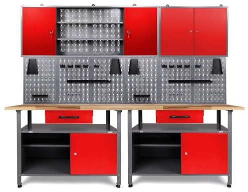 Ondis24 Werkstatt Set Klaus Rot 240 cm – 2 Werkbänke, Werkzeugschränke 80 & 160 cm, 6 Lochwände, 22-TLG. Hakenset, 28-mm Holzplatte, höhenverstellbar