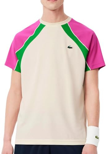 Lacoste Sport-T-Shirt für Herren, Beige / Rosa, Ultra Dry Block Tennis, weiß, L