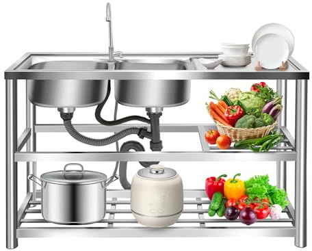 Évier de travail en acier inoxydable - Avec meuble bas et robinetterie - 2 bacs et armoire à 3 niveaux - Meuble mobile multifonction pour cuisine, extérieur, garage (120 x 45 x 80 cm)