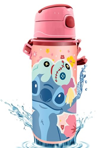 SRV Hub Disney Stitch Kids Water Bottle 600ml – Aluminium Leak Proof Pop-Up Lid Drinking Bottle for Boys & Girls, Reusable Metal Water Bottle for School, Sports & Travel, 4+ Years
