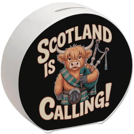 speecheese Spardose Scotland is Calling Highland-Kuh-Motiv | für Reiseliebhaber - lustiger Spruch für Schottland-Fans