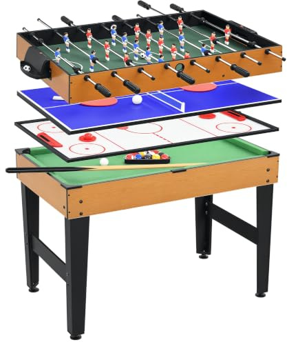 HOMCOM Multi Spieltisch 4-in-1 Tisch für Erwachsene 107 x 61 x 84,5 cm | Tischtennis, Billardtisch, Tischfußball, Zubehör, Multifunktionstisch, Schwarz+Naturholz