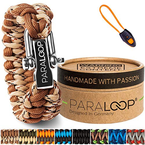 PARALOOP® ORIGINAL Paracord Armband für Männer + Anhänger mit Signalpfeife in Handarbeit geflochten mit Geschenkbox Verschluss aus Edelstahl Armbänder Herren Camouflage Braun