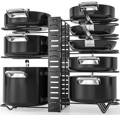 G-TING - Organizador de ollas y sartenes de 8 niveles, soporte ajustable para tapa de olla y bandeja para encimera y armario
