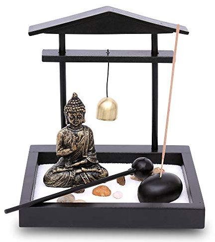 Flanacom Zen Garten mit Buddha Figur - Japanischer Miniatur Garten - Feng Shui Räucherstäbchenhalter - Esotherik Set mit 3 Räucherstäbchen - Glücksbringer aus dem Buddhismus und Daoismus (mit Gong)