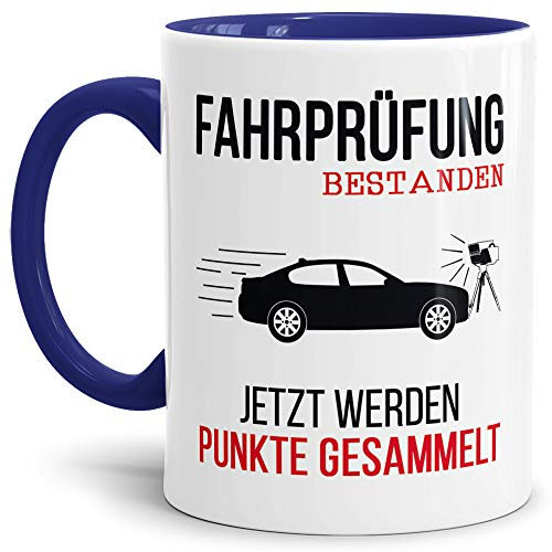 Tassendruck Spruch-Tasse zum Führerschein - Punkte sammeln - Innen & Henkel Dunkelblau - Mug/Cup/Becher/Lustig/Geschenk-Idee/Beste Qualität