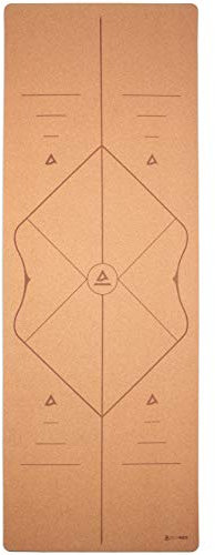 Yogamatte Kork 3mm - Rutschfest - Comfort Line Alignment - 66cm breit mit Hilfslinien - Vegan, nachhaltig und recycelbar - Natürliche Yogamatte aus Kork & Kautschuk inklusive Yogatasche