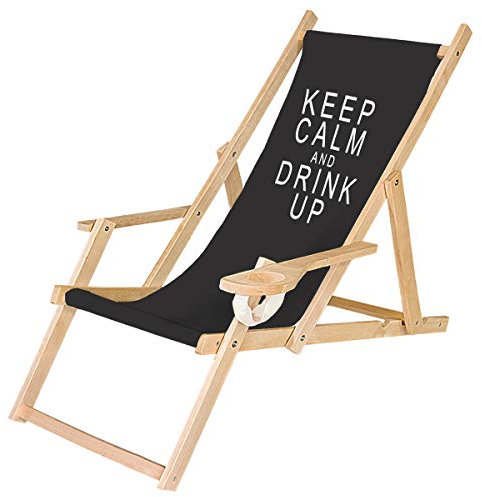 Ferocity Holz-Liegestuhl Klappbar Klappliegestuhl mit Armlehne und Getränkehalter Strandstuhl Motiv Schwarz Keep Calm [119]