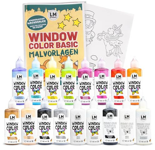 LM Window Color Set (17 x 80 ml Set Basic inkl. Konturfarbe & Malvorlagen) - Abziehbare Fenstermalfarbe/Stickerfarbe auf Wasserbasis für Glatte Oberflächen wie Glas, Spiegel Fliesen