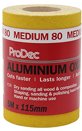 ProDec Rollo de 5 m de papel de lija abrasivo de óxido de aluminio amarillo de grano medio para lijar madera, pintura, yeso, masilla, metal y más, 115 mm de ancho, compatible con lijadoras a máquina