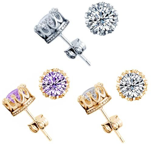 mciskin Glänzende AAA Zirkonia Krone Solitär Ohrstecker für Damen, Krone 18 Karat vergoldet Ohrringe Damen Brincos De Prata Herren Silber Kristall Jewerly Doppel Ohrstecker (3 Stück)