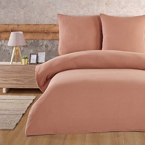 Musselin Bettwäsche 200x200 cm 3 Teilig Double Gauze Knitterlook 100% Baumwolle Kissenbezüge 80x80 cm Reißverschluss Bettwäsche-Set Crinkle-Look Einfarbig Uni, Farbe Beige