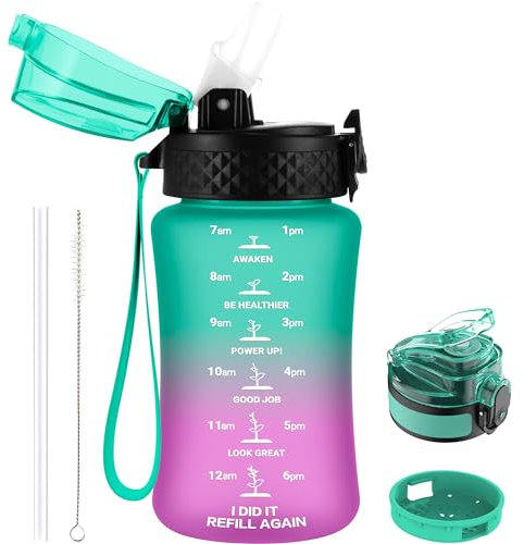 GOPPUS 350ml/12oz Bouteilles d'eau pour Enfants avec Paille Sans BPA pour L'école Tritan Fille Garçon Bouteille d'eau de Sport Réutilisable pour Tout-petit avec Marquage de l'heure Avec 2 Couvercles