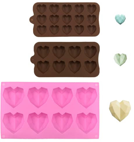 Geometric Heart Silicone Molds (3 pcs) - Mini Heart Shapes for Ice Cubes, Chocolate & Fun Shapes