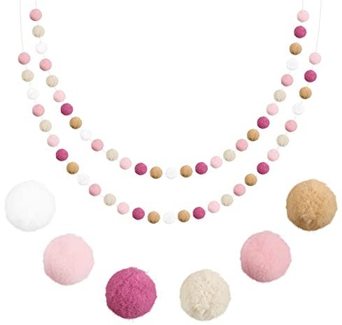 Fowecelt Pompom Girlande Filzkugeln Pastell: 2 Stück Bunte Filzkugeln Girlanden mit 60 Stück Pompom zum Deko Kinderzimmer, Wolle Filz Ball Girlande für Babybett Deko Geburtstagsfeier