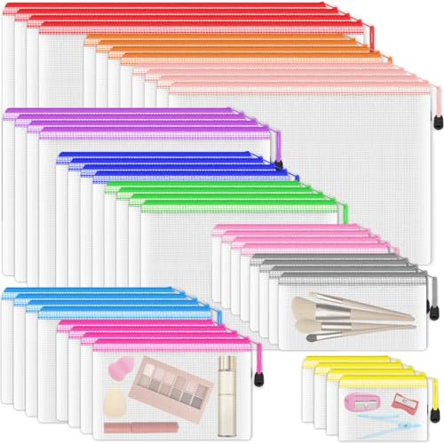 Smarpau 44PCS Plastic Zip Wallets, 8 Sizes Mesh Zipper Bags Plastic Folders, Waterproof Zip Lock Storage Bags Document Wallet for School, Office Supply, Home and Travel (11 Colors)