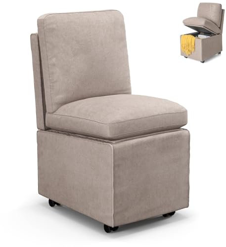 COSTWAY Mobile Accent Chair, Linen Fabric Upholstered Comfy Tub Seat Single Sofa Chair with 4 Universal Wheels, Armless Leisure Reading Lounge Chair for Living Room Bedroom (Brown, with Storage)