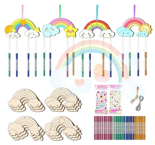 CYCLYTE Windspiel Bastelset Kinder, 12 Stück Regenbogen Holz Klangspiel Basteln zum Bemalen Doppelseitig Deko zum Bemalen für Mädchen Junge Kindergeburtstag Weihnachten Frühling (Regenbogen)