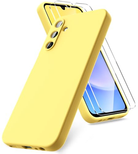 Vansdon Funda Compatible con Samsung Galaxy A15 4G/5G, 2 Unidades Protector Pantalla Cristal Templado, Silicona Líquida Gel Ultra Suave Funda- Amarillo