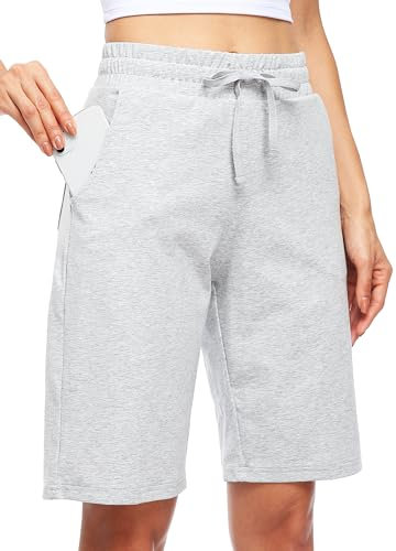 WILLIT Damen Shorts Bermuda Baumwolle Lange Shorts Sporthose Yogahose Fitness Knielange Workout Sommer 10 mit Taschen Hellgrau XL