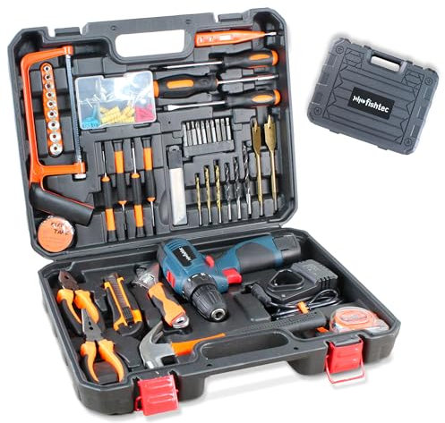 FISHTEC - Valise à Outils Tout en 1-108 Outils et Accessoires - 1 Perceuse/Visseuse/Dévisseuse Rechargeable - Batterie 12V - Chargeur - Marteau, Clé à Molette, Tournevis, Scie, Forêts, Cutter, …
