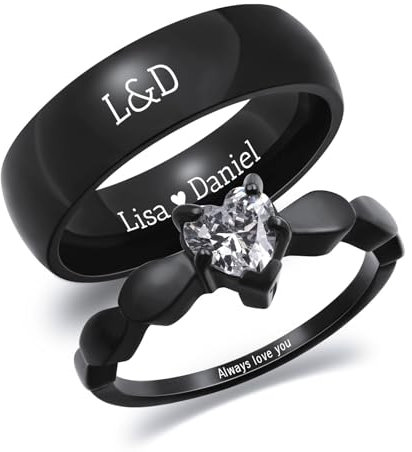 INBLUE Personalisierte Versprechen Ringe für Paare Gravierte Text Ringe mit Herz Edelstein Edelstahl Passende Paar Ringe für Sie und Ihn auf Verlobung Hochzeit - Set Stil 3