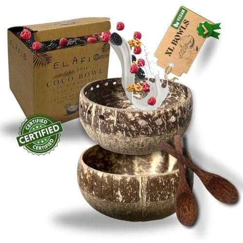 ELAFI® 2er Set Coconut Bowls XL | Nachhaltige große Buddha Schüssel inkl.2 Bambus Löffel | Vegane Kokosnuss Schalen für deine Acai Bowl | Müslischale 100% Naturprodukt | Plastikfreies Matcha set