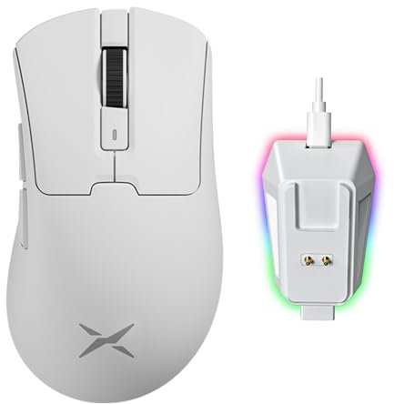DELUX Mouse Gaming Ergonomico Wireless M900PRO, 8000Hz Frequenza di Polling, 63g Leggero, Sensore PAW3395, 26000 DPI, Interruttori Huano, con Dock di Ricarica Magnetico (Bianco)