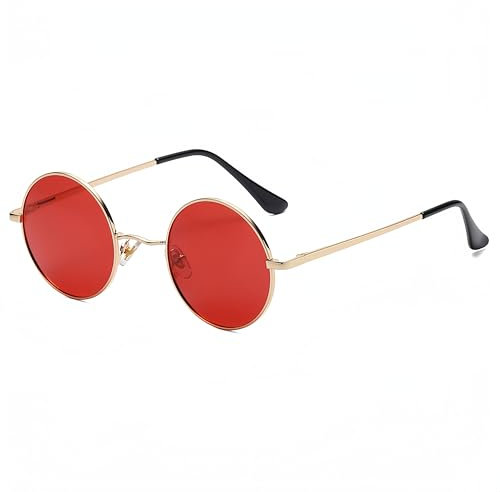 WDZAYXC Lunettes de soleil rondes polarisées rétro classiques avec monture en métal pour homme et femme, doré/rouge
