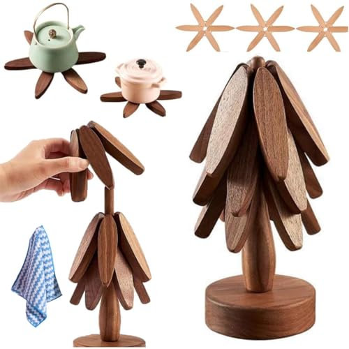 Wood Trivet 2024 Wooden Trivets for Hot Dishes Foldable Trivet Table Pad Tree Shape Trivet Set Coaster for Hot Dishes Bowl Teapot Hot Pot (Walnut-A-3 Levels)