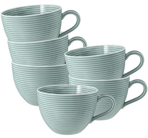 Seltmann Weiden Beat Color Glaze Milchkaffeetassen 6er Set, 350 ml, Cappuccinotassen mit Rillen-Relief, Porzellan, Arktisblau