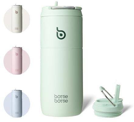 bottlebottle Gourde en acier inoxydable avec paille, 500 ml, sans BPA, couvercle anti-fuite, idéale pour l'école, le bureau, la randonnée et les excursions (vert)