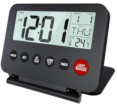 MMOBIEL Small Digital Travel Alarm Clock Battery Operated Portable Alarm Clock for Travel – Digital Clock, Alarm, Timer, Snooze, Date, Temperature and Backlight (Batteries Not Included) - Black