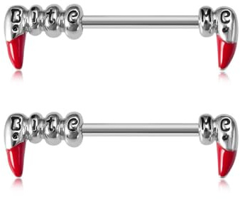 14G Bite Me Tusk Brustwarzenpiercings für Frauen, Unisex, Chirurgenstahl, Vintage, Gothic, Halloween, Statement, Bucktooth Fledermaus, Tier-Piercing, Barbell, Nippelstecker, Ring, modisch, schick,