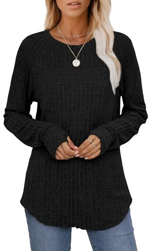 Aokosor Ladies Jumpers for Women UK Long Sleeve Tops with Thumbholes Ladies Tunic for Leggings Lightweight Curved Hem Size 14-16 Black