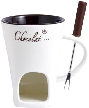 FytStycale Chocolate Fondue Mug with Forks Ceramic Personal Cheese Melting Cup, Ceramic Butter Warmers Pot, Fondue Heated with a Tealight, Warmer Mug for Candy Snack Caramel Chocolate Party, White